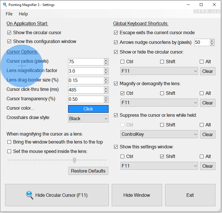 Pointing Magnifier 3 settings window