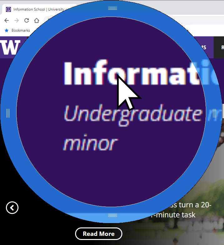 Pointing Magnifier 3 in lens mode over UW iSchool home page