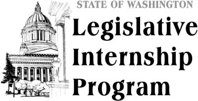 Black and white line drawing of Washington state capitol building. Black and grey text to the right reads "State of Washington Legislative Internship Program"