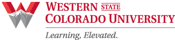 Red text reads "Western State Colorado University" with grey text below reading "Leaning, Elevated." A bold red "W", with an image of mountains in the letterform, is to the left.