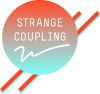Red and blue gradient circle with two red and blue dashes behind. White text inside circle reads "Strange Coupling"