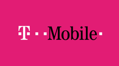 Bright pink background with white and black serif font reading "T Mobile"