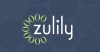 Dark blue background with circular, leafy pattern. White text reads "Zulily". A semi-circle of abstract leaf shapes surround the "z".