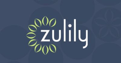Dark blue background with circular, leafy pattern. White text reads "Zulily". A semi-circle of abstract leaf shapes surround the "z".