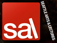 A red square containing white letters that real "SAL". A black background surrounds the square, with white text to the right reading "Seattle Arts & Lectures"