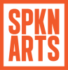 Orange sans serif font reads "SPKN ARTS" surrounded by a bold orange border.