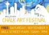 White silhouette hand makes a chalk drawing of the Seattle city skyline. Text below reads "Belltown Chalk Art Festival 2017; Free: Saturday September 9 Bell Street Park 10am - 7pm"