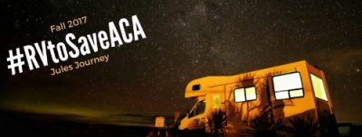 RV camper at night in a desert, a starry sky above. Text in the upper left corner reads "Fall 2017 #RVtoSaveACA; Jules Journey."