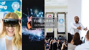 Photo collage of a person wearing a VR headset, a light-based dance performance, a crowd entering a museum, and a person giving an energetic lecture. Text across images reads "FoST Summit; October 3 - 4, 2018".
