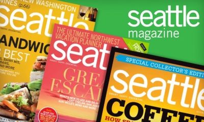 Three front covers of Seattle magazine laid over each other on a green background