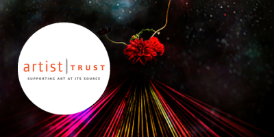 Abstract artwork of a red flower and night sky background. White circle imposed over the artwork with text reading "Artist trust; supporting art at its source"