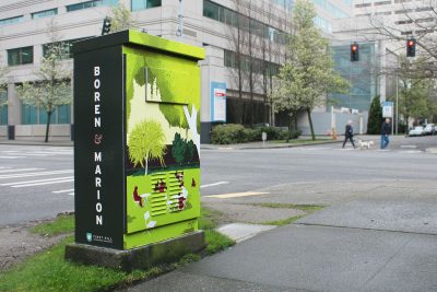 City utility box with art on exterior.
