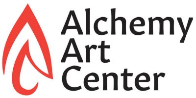 Black text reads "Alchemy Art Center" next to an abstracted rendering of a flame.