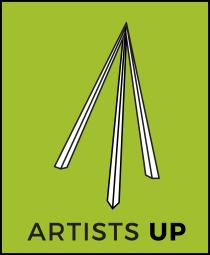Abstract line pyramid against a lime green background. Text below reads "Artists Up"
