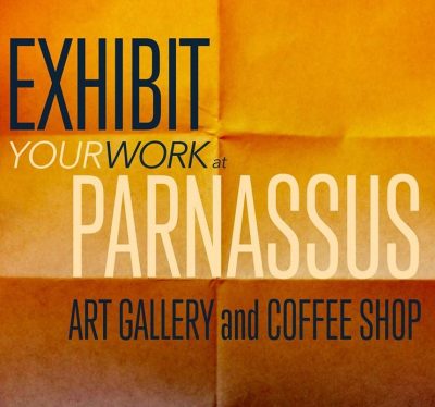 Text over a folded paper background reads "Exhibit your work at Parnassus Art Gallery and Coffee Shop."