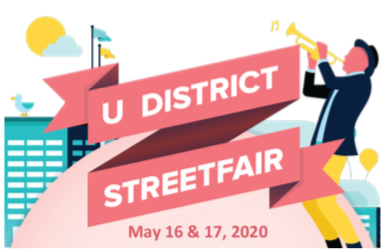 Vectorized person playing a trumpet, a pink banner reading "U-District Streetfair; May 16 & 17 2020"