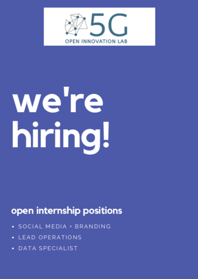 White text on purple background reads "We're hiring! Open internship positions: social media + branding; lead operations; data specialist." A logo at the top reads "5G Open Innovation Lab"