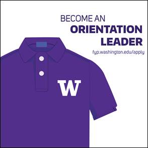 Vectorized purple t-shirt with a white "W" on the breast pocket. Purple text reads "Become an orientation leader."
