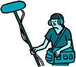 Person holding AV equipment and a microphone boom, in a hand-drawn illustration style.