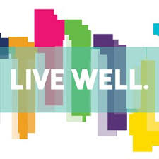 White text over translucent teal text box reads, "Live Well." Multi-colored bright rectangles texture the background.