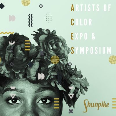 Top of a person's head, their eyes and forehead visible, on a teal background. They are wearing a crown of peonies. Text to the right reads, "Artists of Color Expo & Symposium; Shunpike."