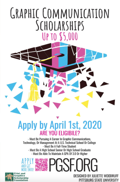 poster design for Graphic Communication Scholarships supported by the PGSF. Image features a graduation hat comprised of pink, black, blue, and yellow geometric forms coming together to form the shape of the hat