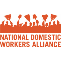 Orange silhouette of a crowd of people with raised brooms and mops, orange text below reading "National Domestic Workers Alliance"