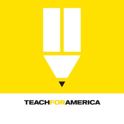 White and black abstract rendering of a pencil on a yellow background. Black and yellow text below reads "Teach for America."