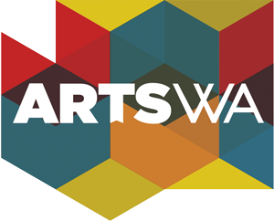 Red, teal, orange, and yellow geometric shapes make up the background, white text reading "ArtsWA"