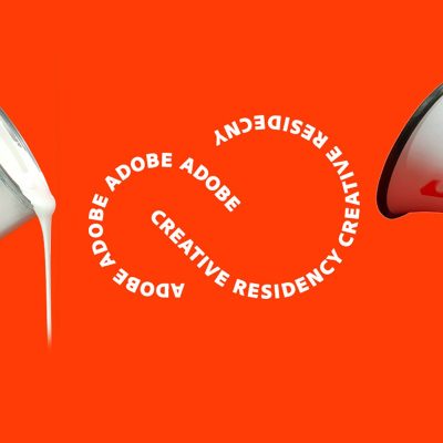 White text on red background in the shape of an infinity symbol, reading "Adobe Creative Residency". A paint can and megaphone are visible just out of frame.