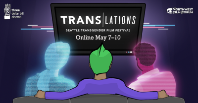 Three people sitting on a couch watching a TV, the two people on the left and right translucent and ghostly to indicate virtual presence. Text on the TV reads "Translations; Seattle Transgender Film Festival; Online Mat 7 - 10"