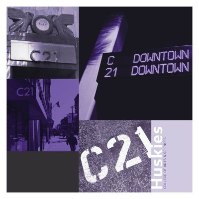 Photo collage of different places the text "C21" can be seen, for example a side walk or awning; a purple filter is over each picture.