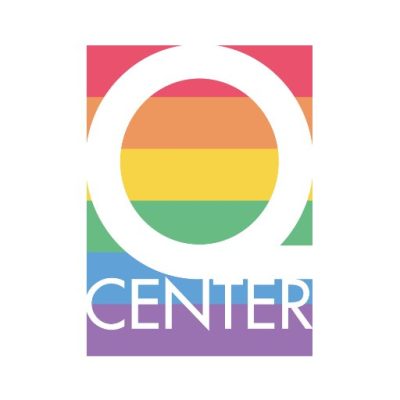 Rainbow background, white text reading "Q Center"
