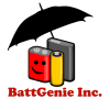 Three different types of batteries gathered under an umbrella. Text below reads "BattGenie Inc."
