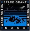 Blue and black graphic image of a mountain with a comet shooting over it. White text around the square reads "Washington NASA Space Grant Consortium"