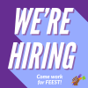 White text on purple background reads "Were Hiring; Come work for Feest!". An icon of a brown hand holding a fork and a carrot in the lower right corner.