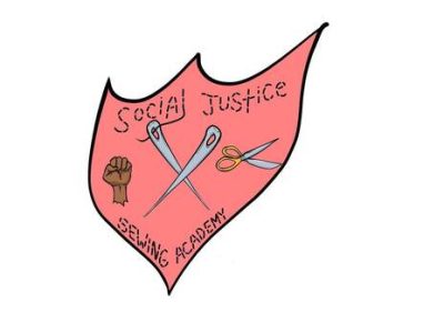 Pink shield shape with the words "Social Justice Sewing Academy" inside. Small illustrations of a brown fist, crossed sewing needles, and scissors.