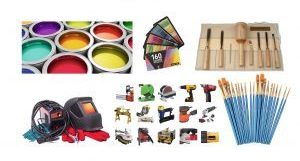 Photo collage of different art making tools, including paint, wood carving tools, brushes, and welding gear.
