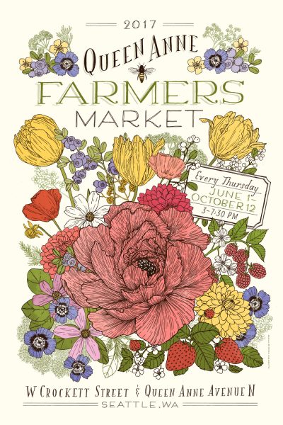 Hand drawn flyer for Queen Anne Farmers market featuring flowers of different types and colors.
