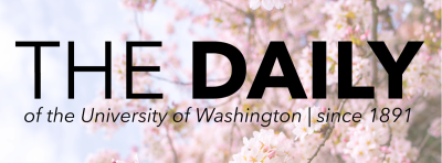 Pink cherry blossom tree in background, with black text reading "The Daily; of the University of Washington; Since 1891."