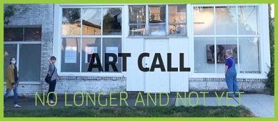 Exterior of a windowed gallery, three people standing out front looking in. Text reads "Art Call; No longer and not yet."