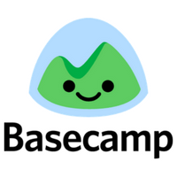 Stylized rendering of a green mountain shape with a smiling face, with a light blue dome shape in the background. Text below reads "Basecamp."
