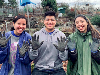 Three young adults in an urban garden hold up their hands to show off their gardening work gloves, all smiling.