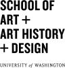 Black sans serif text reads "School of Art + Art History + Design." Black serif text below reads "University of Washington."