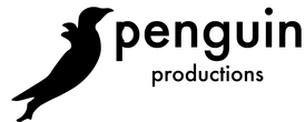 Graphic vector outline image of a penguin diving. Black text to the right reads "Penguin Productions"