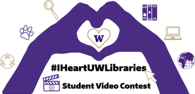 Silhouette of two purple hands coming together to form a heart shape, surrounded by gold and purple vector icons of things like books and laptops and paw prints. Text below hands reads "#IHeartUWLibraries; Student Video Contest."