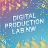 Pink and blue gradient background with yellow pixel squares forming a textured border. White and blue text reads "Digital Production Lab NW"