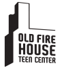 Black vector outline of simplified building form. Text within the building shape reads "Old Fire House Teen Center."