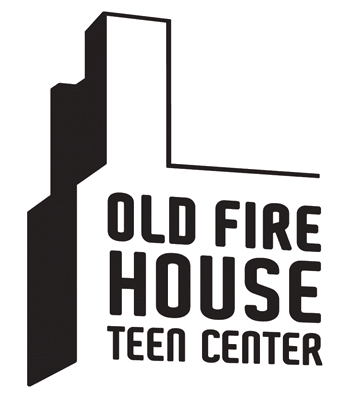 Black vector outline of simplified building form. Text within the building shape reads "Old Fire House Teen Center."