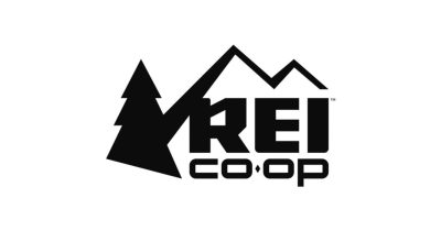 Black and white graphic logo of a tree and mountain line. Text below the mountain line that reads, "REI Co-op"